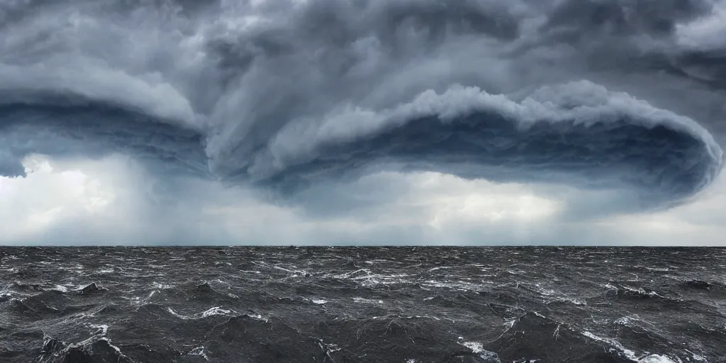 Prompt: ultra wide angle matte painting of lake erie with ominous cumulus storm clouds, choppy water, giant swirling water spouts, atmospheric and creepy