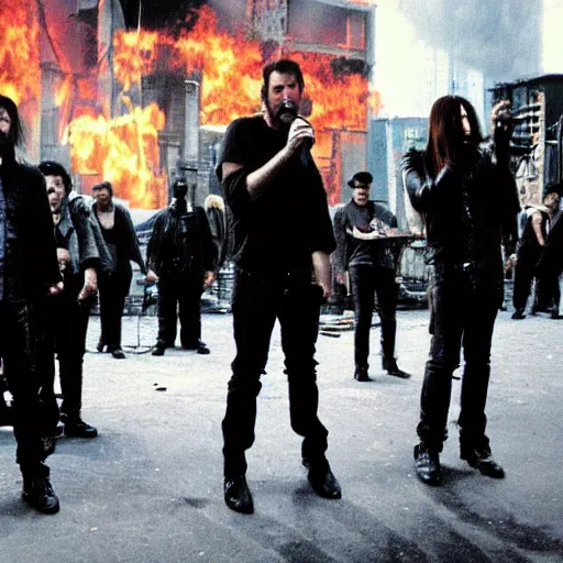 Image similar to nine inch nails performing on the streets of hell movie still