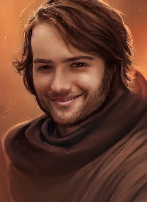 Image similar to a brown haired young man with stubble, short hair, wearing brown jedi robes, smiling, close up, portrait style, star wars atmosphere, photographic print, artgerm, hyper - realistic