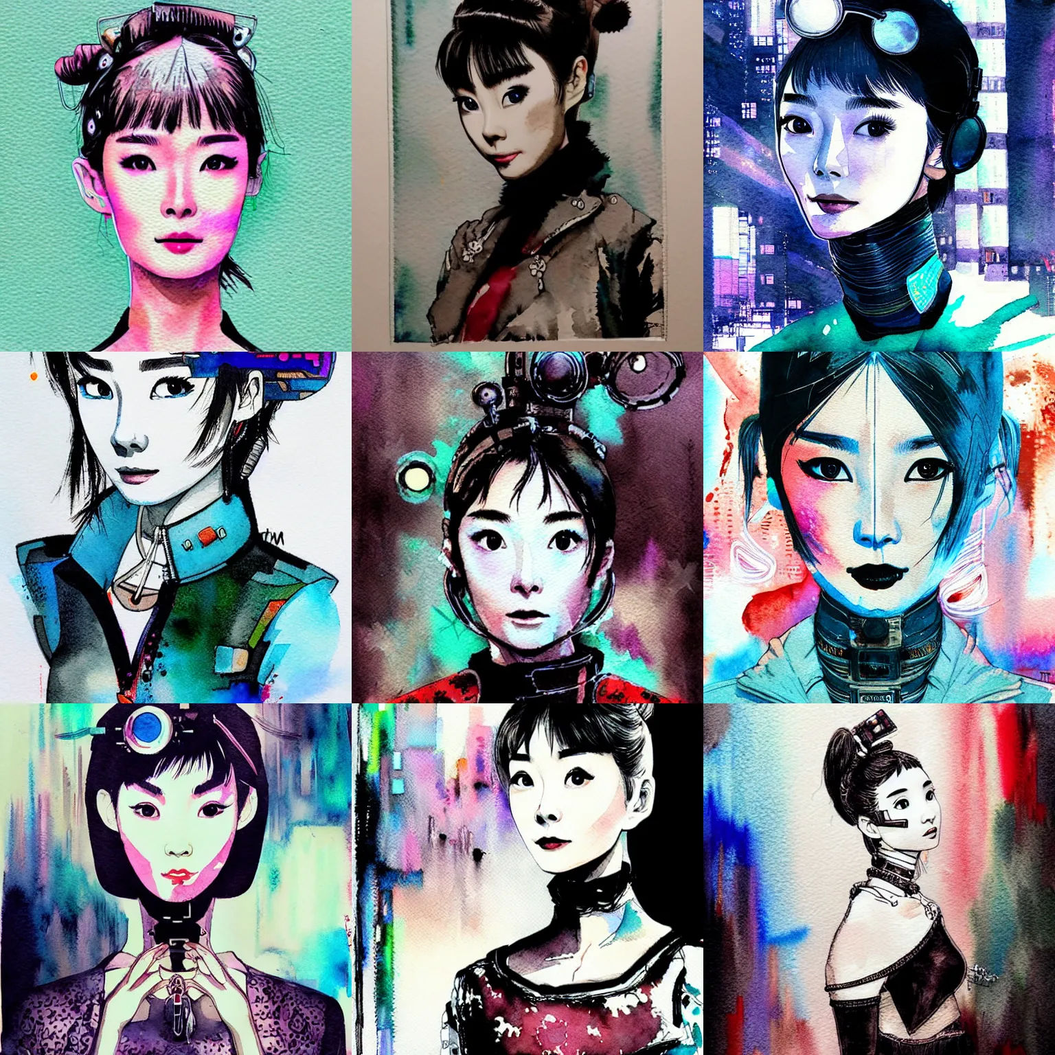 Prompt: korean audrey hepburn automata, intricate watercolor cyberpunk portrait by tim doyle