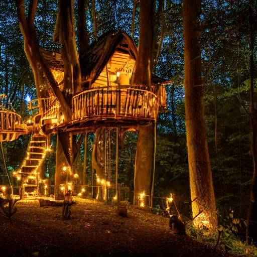 Prompt: a professional photograph of a treehouse village in a forest covered in fairy lights, HD, high quality, highly detailed, award-winning