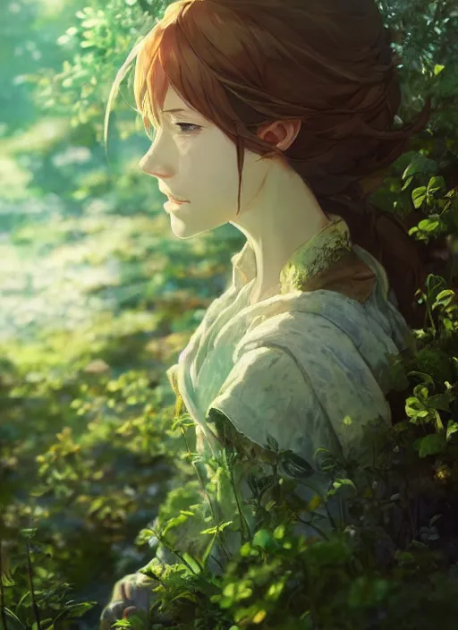 Image similar to a portrait of the emerald herald in the garden, intricate, tone mapped, ambient lighting, highly detailed, digital painting, concept art, sharp focus, by makoto shinkai and akihiko yoshida and hidari and wlop