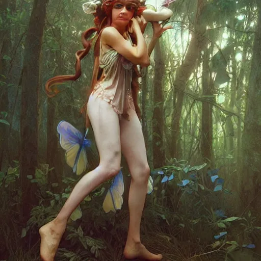 Prompt: a 1 9 8 0 s forest fairy. a fairy from the 1 9 8 0 s. she is cute and wears a backwards baseball cap. stunning painting by artgerm and greg rutkowski and alphonse mucha.