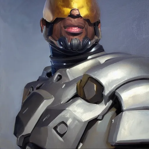 Image similar to greg manchess portrait painting of fully armored bionic augmented the foundation aka dwayne the rock as overwatch character, medium shot, asymmetrical, profile picture, organic painting, sunny day, matte painting, bold shapes, hard edges, street art, trending on artstation, by huang guangjian, gil elvgren, ruan jia, greg rutkowski, gaston bussiere