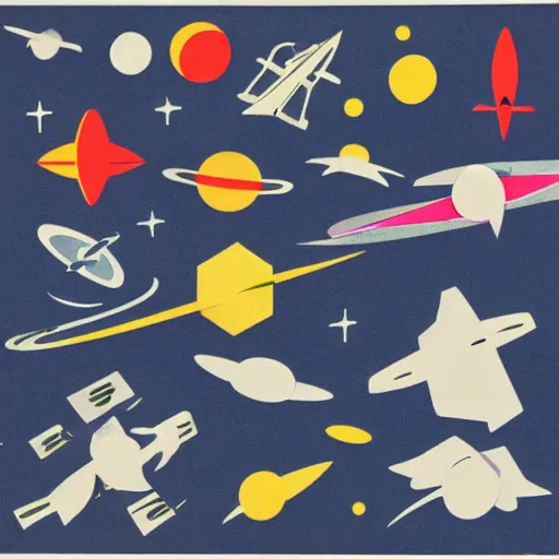 Prompt: A mid-century modern collage of NASA Space Travel. Materials: random shapes cut from magazines, torn construction paper, glitter. 1955