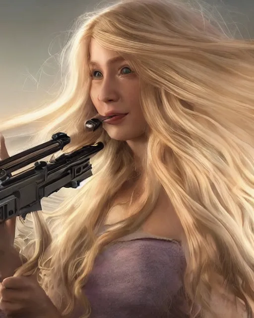 Image similar to disney princess with long blonde hair vs long barreled 9 0 sniper rifle : : weta disney pixar movie still photo : : hi - fructose, decadent highly - detailed digital painting, golden ratio, octane render, artstation, smooth, sharp focus, artgerm, mucha, loish, wlop