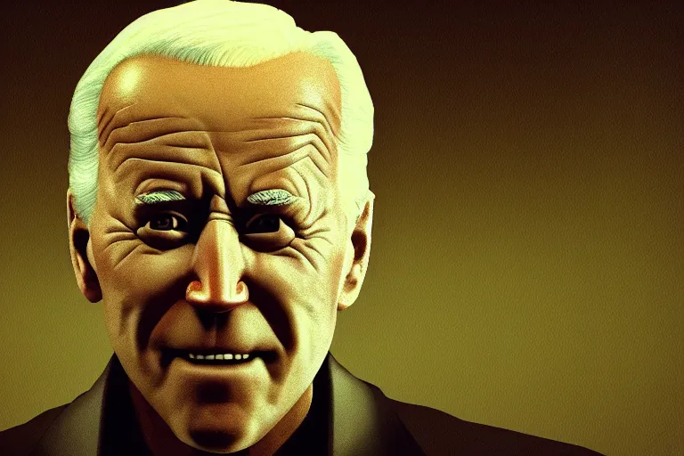 Image similar to creepy joe biden portrait stuck in the matrix, glitchy, buggy, playstation 1 graphics, low poly 3 d render, creepypasta, volumetric lighting, octane render, scary, award - winning, detailed, weird, close - up, featured on artstation, strange, off - putting, demonic, odd, atmospheric, ambient, spooky