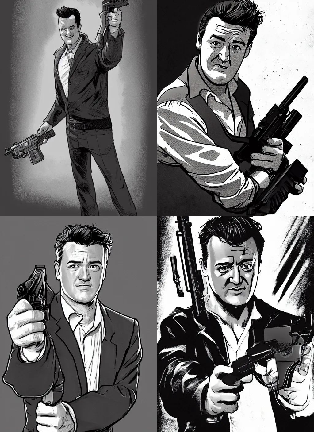 Prompt: chandler bing holding a pistol, graphic novel, black and white, artstation