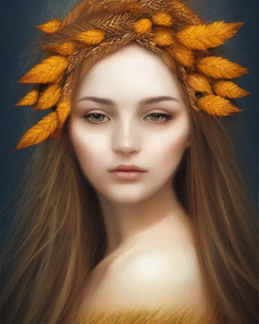 Image similar to goddess of autumn, with wheat ears on her head, half - length head portrait, dreamy, beautiful, by wlop