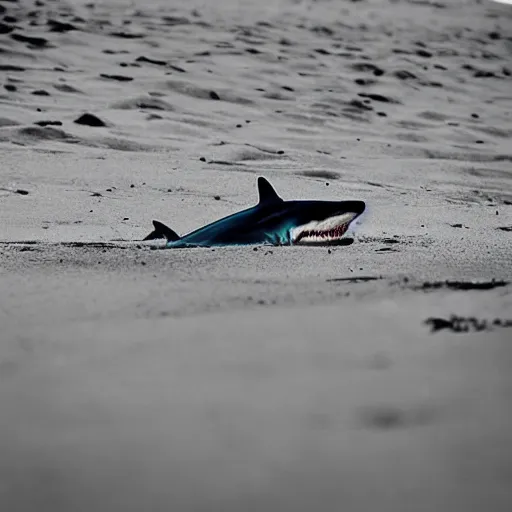 Prompt: a shark on the sand, beach photograph