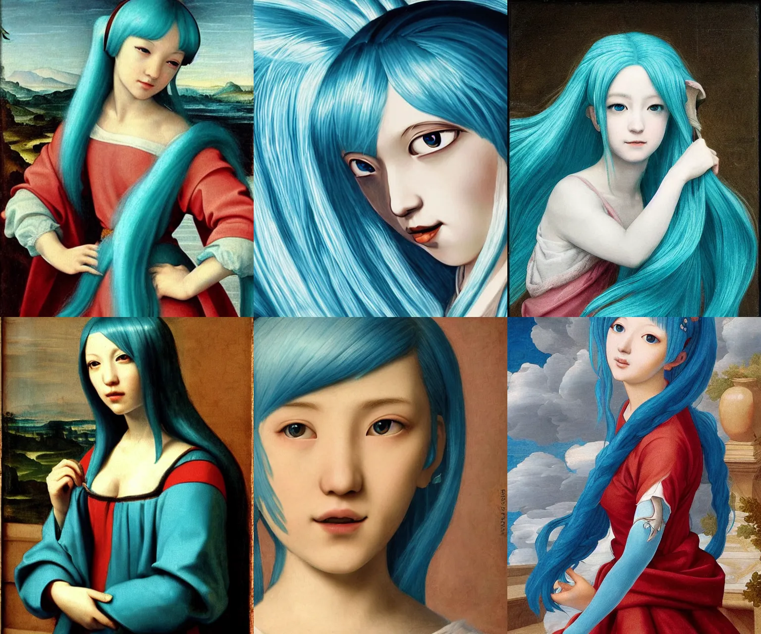 Prompt: renaissance painting of hatsune miku, blue hair