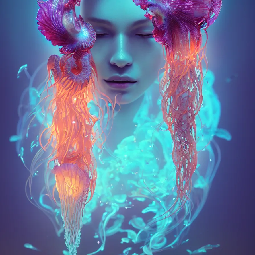 Image similar to goddess close-up portrait. orchid jellyfish phoenix head, nautilus, skull, betta fish, bioluminiscent creatures, intricate artwork by Tooth Wu and wlop and beeple. octane render, trending on artstation, greg rutkowski very coherent symmetrical artwork. cinematic, hyper realism, high detail, octane render, 8k