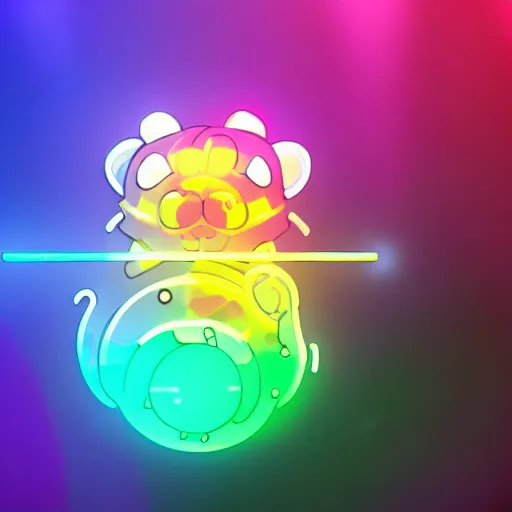 Image similar to hamster! holding rainbow! gem! crystal in a cyberpunk city, neon lights, light reflection, logo, 8 k, hd