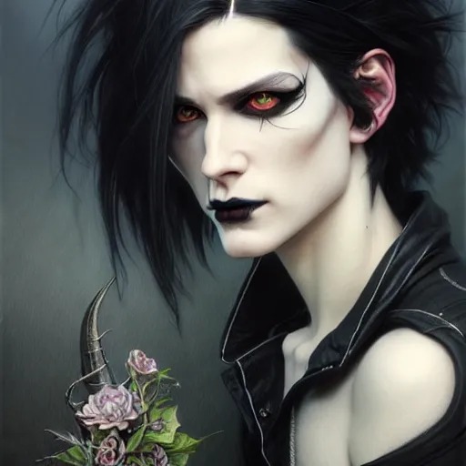 Image similar to portrait painting of an androgynous witch with shoulder length black hair pale skin and beautiful eyes wearing a punk clothes, ultra realistic, concept art, intricate details, eerie, highly detailed, photorealistic, octane render, 8 k, unreal engine. art by artgerm and greg rutkowski and magali villeneuve and alphonse mucha