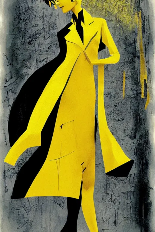 Image similar to Dakota Fanning with short blue hair wearing a yellow trenchcoat by Dave McKean