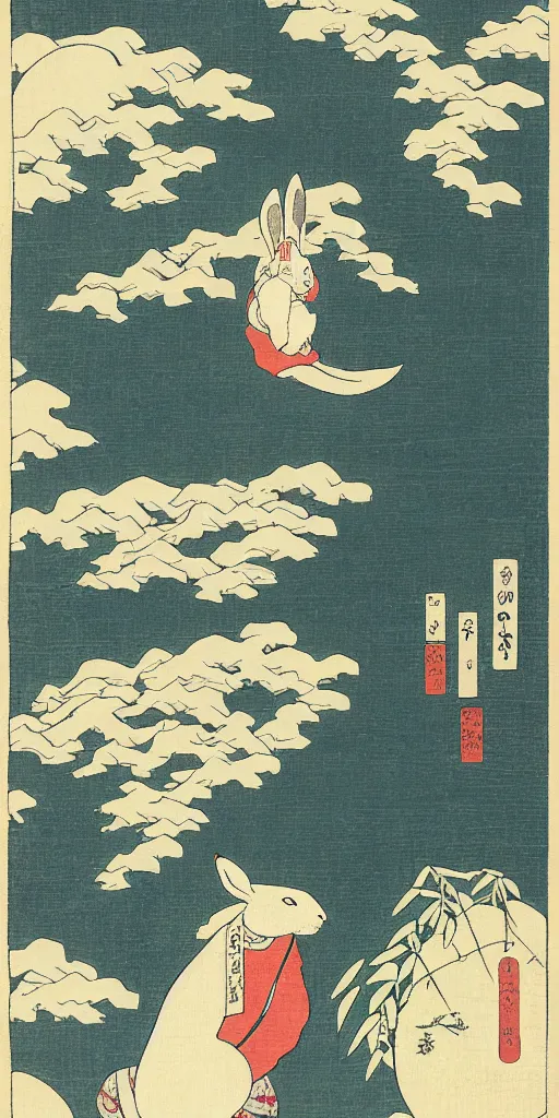 Prompt: an ukiyo - e style woodblock print of the rabbit in the moon, by katsushika hokusai and kawase hasui