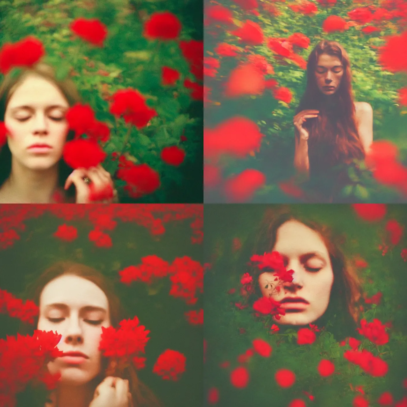 Prompt: An analog head and shoulder face photography of a woman behind red flowers and leaves by Neil Krug. closed eyes. Kodak Portra 800 film. Depth of field. whirl bokeh. Sunshine. detailed. hq. realistic. warm light. muted colors. Moody. Filmic. Dreamy. lens flare. Leica M9, f/1.2, symmetrical balance, in-frame