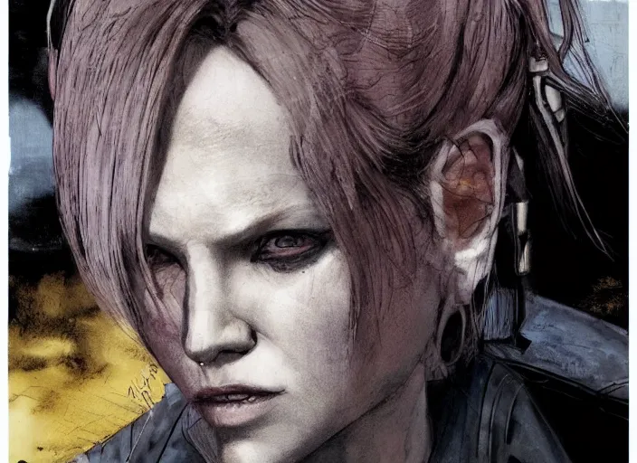 Image similar to rugged, beautiful pale woman by enki bilal,, punk outfit : : urban setting, close - up view : : cinematic headshot