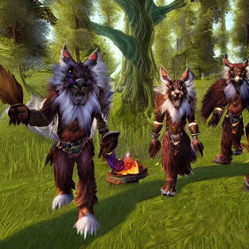 Prompt: A pack of world of warcraft feral druids roaming the british countryside