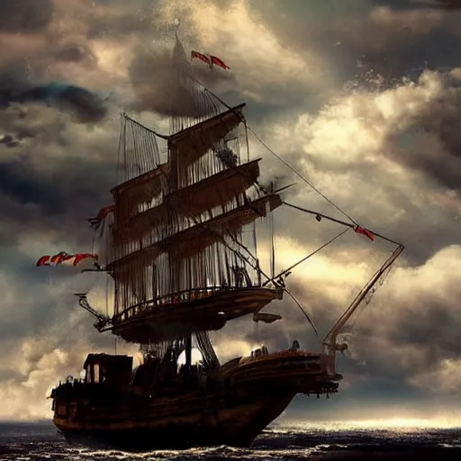 Image similar to cinematic shot a steam punk ship flying in the clouds, hyper realistic, mood lighting, fantasy, detailed face, highly detailed, super realistic, perfect lighting