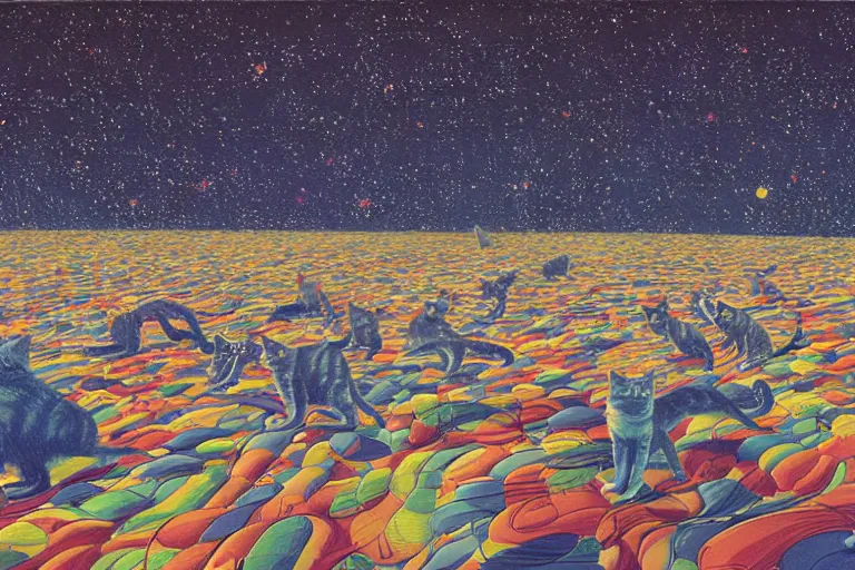 Prompt: hyper detailed night starry sky full of cats, by wayne thiebaud