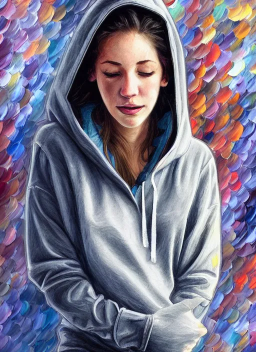 Image similar to jennifer anistan, gray hoodie, jeans, half body shot, path traced, highly detailed, high quality, digital painting, alena aenami, leonid afremov, lilia alvarado, shinji aramaki, karol bak, alphonse mucha, tom bagshaw