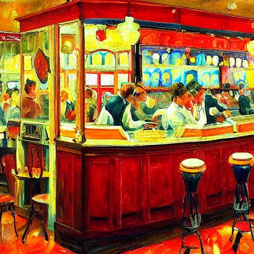 Image similar to a colorful fanciful ice cream parlor counter, by lenoid afremov, by thomas eakins