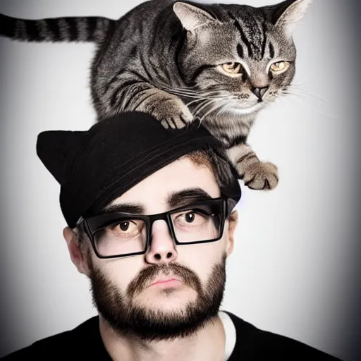 Image similar to a cat sitting on an angry man's head, stock photo