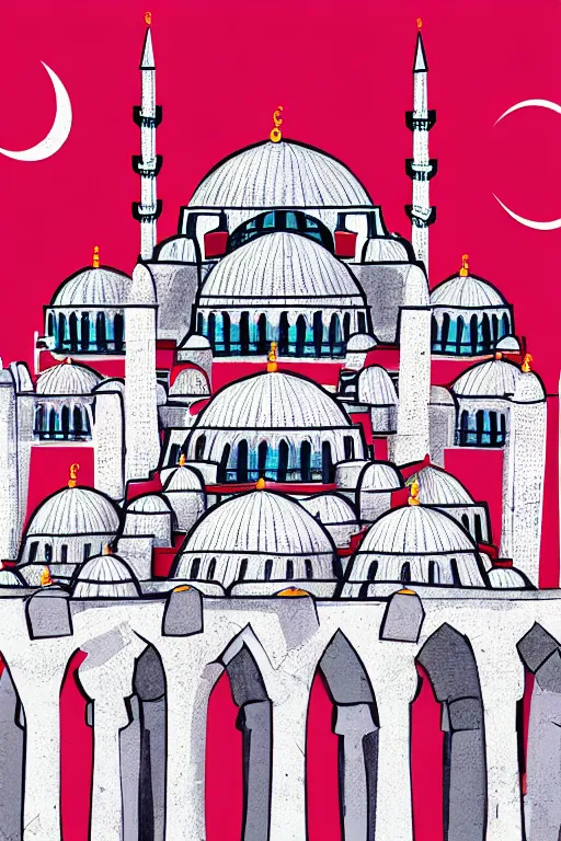 Prompt: mosque in istanbul, illustration, in the style of katinka reinke