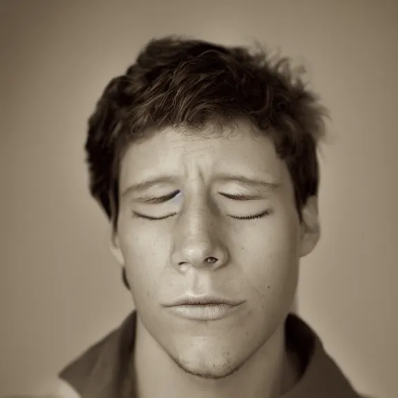 Image similar to Portrait of a Young Man's Face, His Eyes are Closed, photograph by Annie Leiboitz for Vanity Fair Magazine