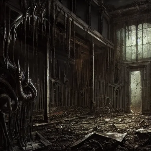 Image similar to bloody demonic snarling eldritch horror creature, many needle spikes, inside an old abandoned house, backlit, extremely detailed digital matte painting by Greg Rutkowski and H.R. Giger