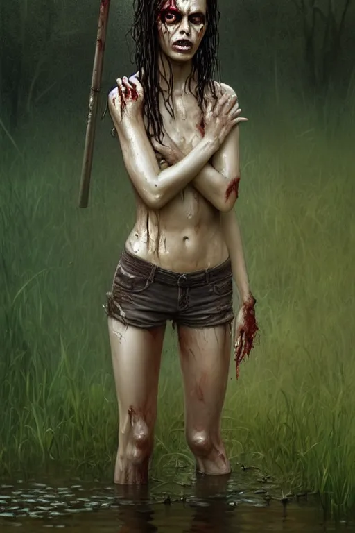 Prompt: full body portrait of walking dead zombie, standing in a pond, soaking wet hair, by terry o'neill intricate, elegant, highly detailed, digital painting, glistening skin, artstation, concept art, smooth, sharp focus, bright lighting, illustration, art by artgerm and greg rutkowski and alphonse mucha, 8 k