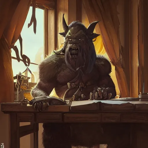 Prompt: durotan from world of warcraft sitting at a desk in an office, by artgerm and greg rutkowski and alphonse mucha