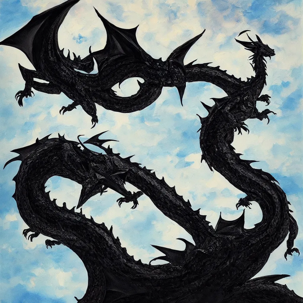 Image similar to “a painting of a large black dragon flying through the sky”