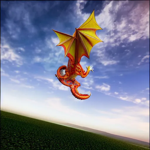 Prompt: luck dragon falcore soaring in the sky, photorealistic, 8 k rendering, vray, drum scanner