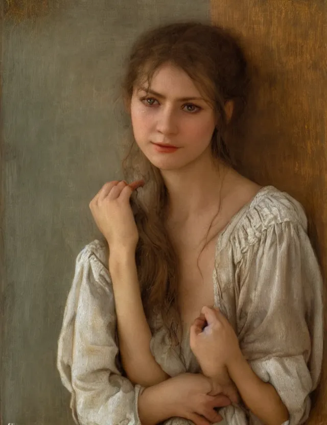 Prompt: tempting peasant girl with deep décolleté looking in the camera, high angle view, portrait , Cinematic focus, Polaroid photo, vintage, neutral colors, soft lights, foggy, by Steve Hanks, by Serov Valentin, by lisa yuskavage, by Andrei Tarkovsky 8k render, detailed, oil on canvas