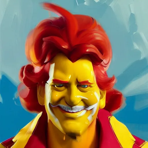 Image similar to greg manchess portrait painting of ronald mcdonald as overwatch character, medium shot, asymmetrical, profile picture, organic painting, sunny day, matte painting, bold shapes, hard edges, street art, trending on artstation, by huang guangjian and gil elvgren and sachin teng