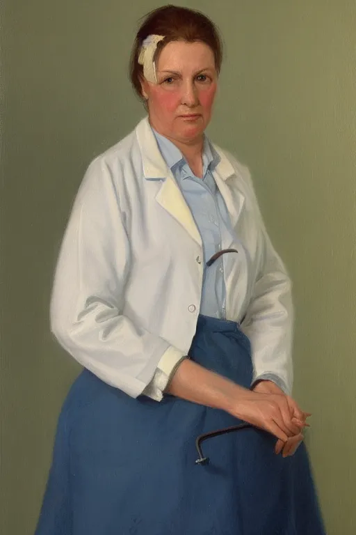 Image similar to a woman doctor, painting by by ralph grady james, jean christian biville