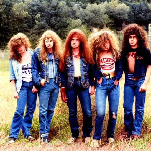 Image similar to group of 1 9 - year - old girls with shaggy wavy hair, wearing double denim, heavy metal band promo, thrash metal band promo, heavy rock band promo photo, 1 9 8 7 photo