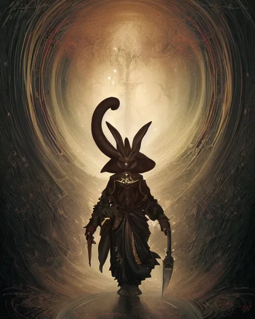 Prompt: Anthropomorphized black rabbit monk, centered, portrait, Path of Exile, Diablo, Warhammer, digital painting, highly detailed, concept art, Nekro, Peter Mohrbacher, Alphonse Mucha, Brian Froud, Yoshitaka Amano, Kim Keever, Victo Ngai, James Jean