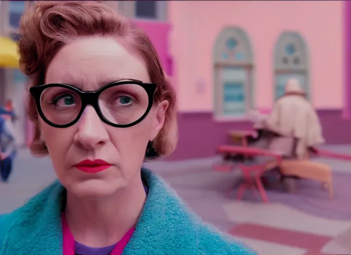 Prompt: cinematic mid shot of a high detail, woman's face looking off camera, with round glasses. fine facial features. she stands in an empty, pastel colourful 3 d, vegas street scene by jeffrey smart and gregory crewdson and edward hopper, inspired by the grand budapest hotel, lots of pastel colour