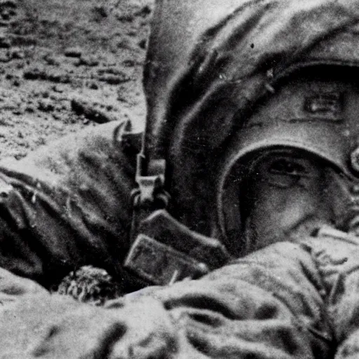 Image similar to a photo taken from a trench showing a nuclear explosion in the distance, a german soldier wearing a ww 2 stahlhelm is laying on the ground and looking at the explosion, realistic, taken on a ww 2 camera.