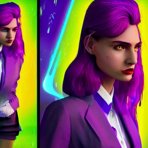 Image similar to stylish woman cartoon portrait made out of rain, pinstripe suit, short purple hair, galactic background, rendered in octane, unreal engine, highly detailed, trending on artstation, realistic, neon, beautiful