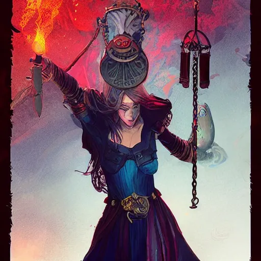 Image similar to a female mage wields the hanged man tarot card, dark fantasy background, Apex Legends character digital illustration portrait gorgeous lighting, wide angle action dynamic portrait, perspective shot, art by Sam Spratt