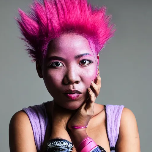 Image similar to asian - african woman with pink - dyed hair wearing alternative clothing, 8 k, portrait