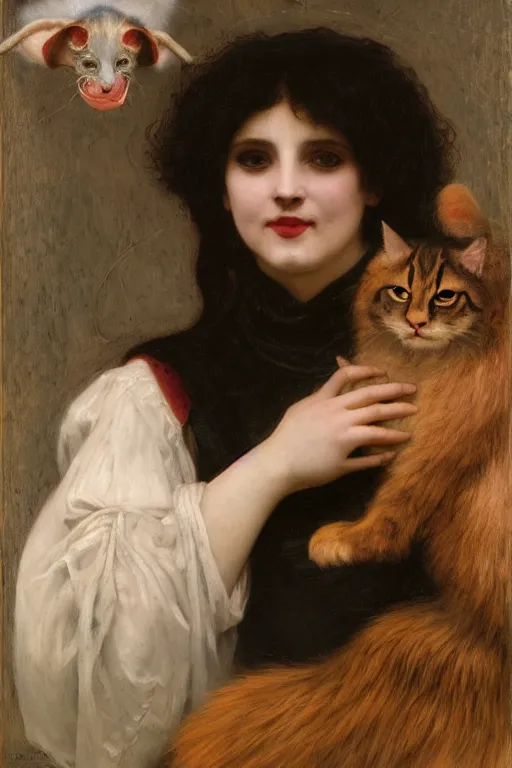 Image similar to a renaissance oil painting by alma tadema of demonic vampire evil woman with mischievous smile and fish eyes hugging a large fluffy cat, colourful pastel trending artstation, detailed portrait academic bouguereau high shadow contrast medium shot, sharp focus cosmic nebula background