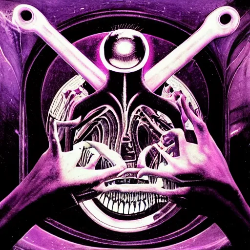 Image similar to post - punk new age album cover, magic, apocalypse, psychedelic, black white pink, magic, giger h. r.