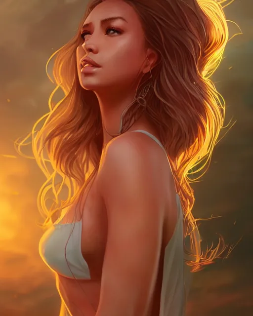 Image similar to summer vibes, beautiful sun tanned goddess portrait, flowy sunkissed hair, sun, summer, cinematic lighting, highly detailed, digital painting, trending on artstation, pixiv, concept art, sharp focus, illustration, art by ross tran and wlop