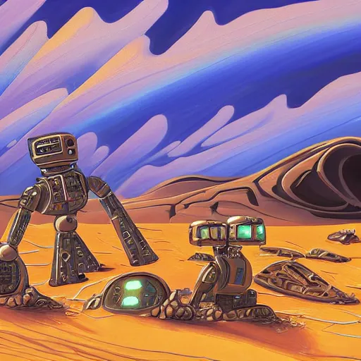 Image similar to painting of a sand landscape, futuristic, buried wreckage of steampunk robots, oasis, 4 k, desolation