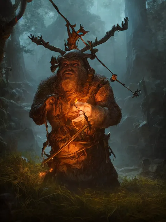 Image similar to Frightened Archer High Fantasy Dwarf treading through Haunted Forest with Glowing Lights, RPG Portrait Reference, Oil Painting, Trending on Artstation, octane render, Insanely Detailed, 8k, HD